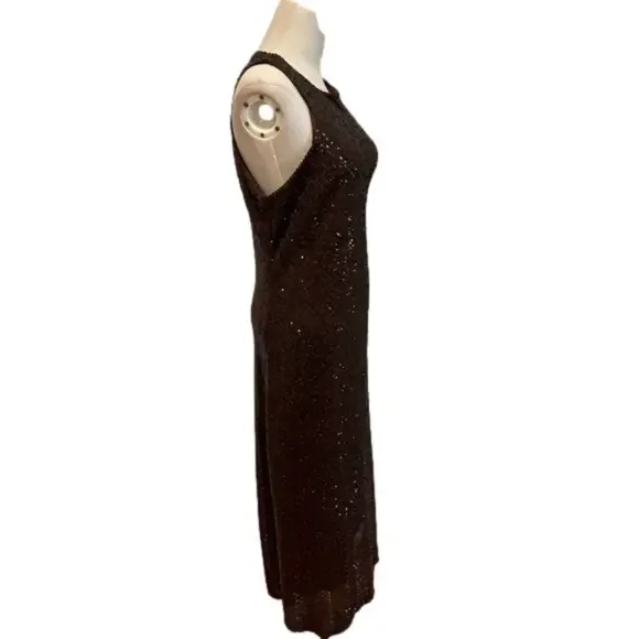 Y2K BROWN SEQUIN MAXI DRESS W KEYHOLE BACK GLAMOROUS GOWN MINIMALIST STYLE M - Picture 4 of 12